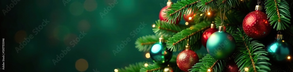 Fototapeta premium Green Christmas tree branch adorned with colorful glass balls and tinsel, festive ornaments, decorated branches,
