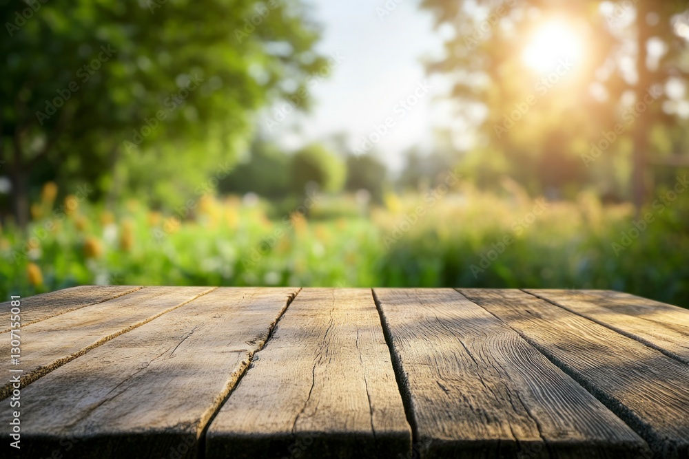 Rustic Wood Table in a Sunny Garden Setting Product Mockup Rustic Wood Table in a Sunny Garden Setting Product Mockup