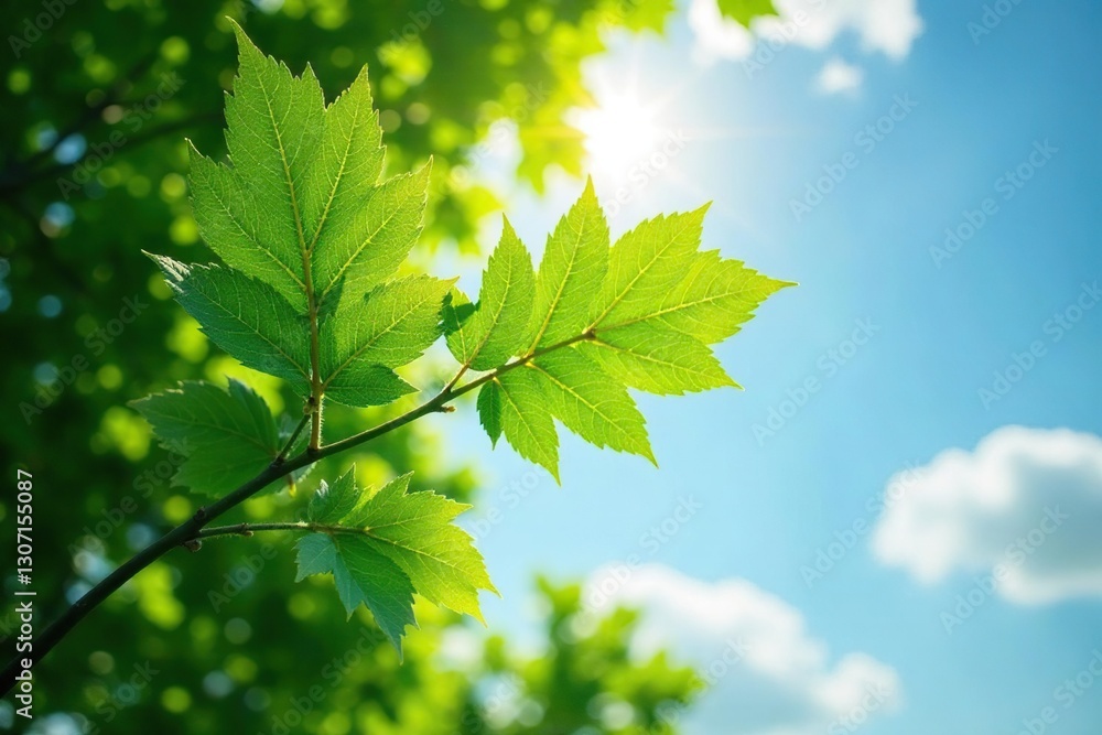Leafy branches stretching upwards towards sky, foliage, growth, greenery Leafy branches stretching upwards towards sky, foliage, growth, greenery