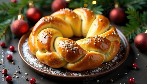 Golden wreath brioche with poppy seeds and sesame seeds, winter decor, holiday baking, christmas decorations