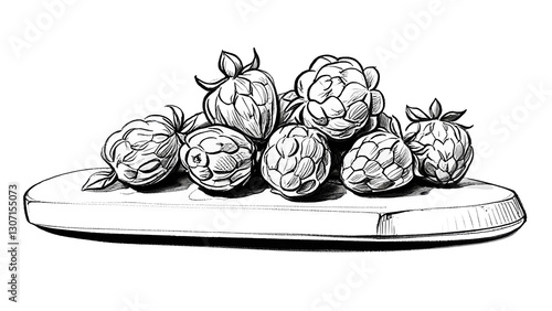 Fresh raspberries isolated on transparent background in a detailed sketch arrangement