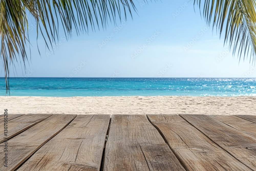 Fototapeta premium Wooden table overlooking a tropical beach paradise with palm trees