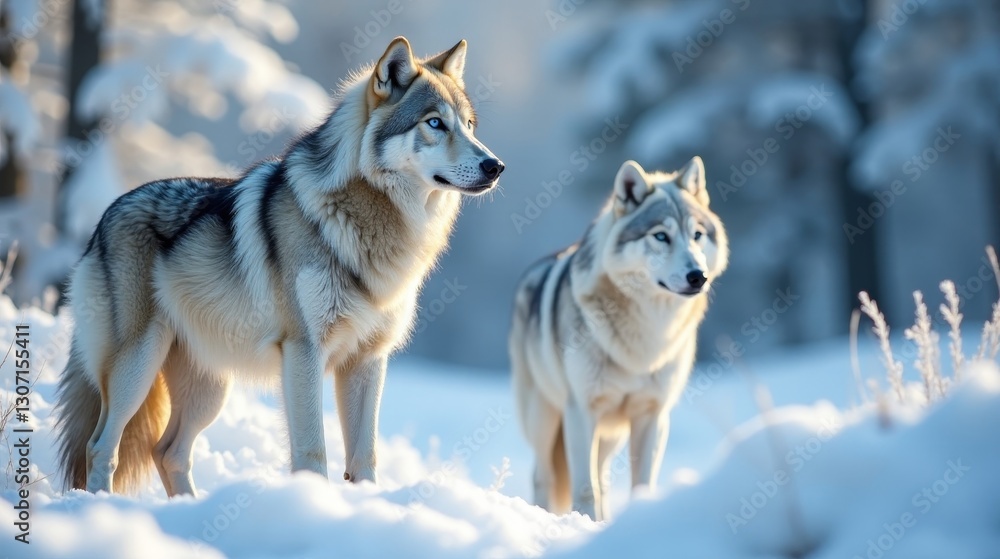 Two majestic canines standing in a winter wonderland, their fur glistening in the soft sunlight, a breathtaking scene of wild beauty Two majestic canines standing in a winter wonderland, their fur glistening in the soft sunlight, a breathtaking scene of wild beauty