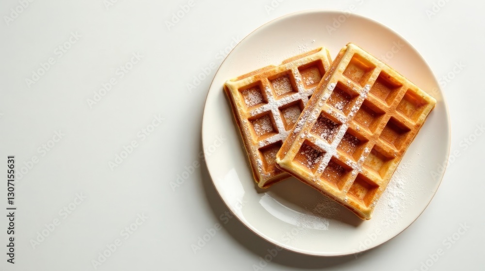 Golden-brown waffles dusted with powdered sugar rest on a simple white plate, a delightful breakfast treat. Golden-brown waffles dusted with powdered sugar rest on a simple white plate, a delightful breakfast treat.