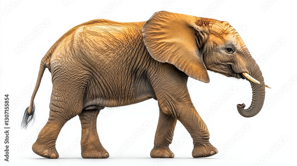 Fototapeta premium Gentle giant with soulful eyes, its majestic tusks and textured skin captured in exquisite detail. A serene 3D render showcasing an African elephant bathed in golden hues as it gazes right, exuding gr