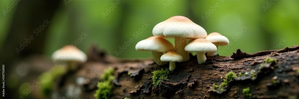 White mushroom caps growing on a decaying tree trunk, brown, wood, organic White mushroom caps growing on a decaying tree trunk, brown, wood, organic