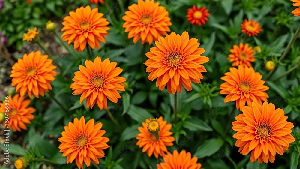 Bright orange dahlia flowers amidst green foliage, greenery, plant, dahlia Bright orange dahlia flowers amidst green foliage, greenery, plant, dahlia