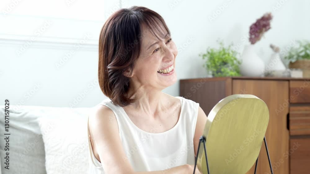 鏡を見て微笑む女性 鏡を見て微笑む女性