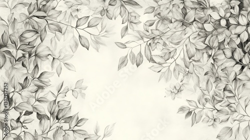 Wallpaper Mural botanical, pencil sketch, top view, forest background, delicate botanical elements interwoven with forest plants, soft and organic. Torontodigital.ca