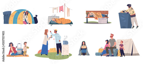 Refugee problems. Depressed poor family with child, slum poverty or social inequality concept sad beggar person sleep in tent or street homeless people, classy vector illustration