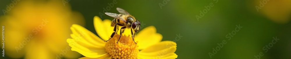 Pollen-covered fly hovering above a yellow flower, hover, insects Pollen-covered fly hovering above a yellow flower, hover, insects