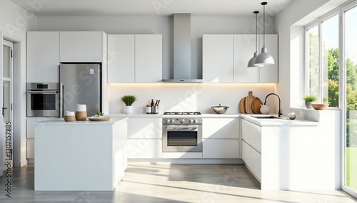 White modern kitchen with stainless steel appliances, sleek, blank cookbook