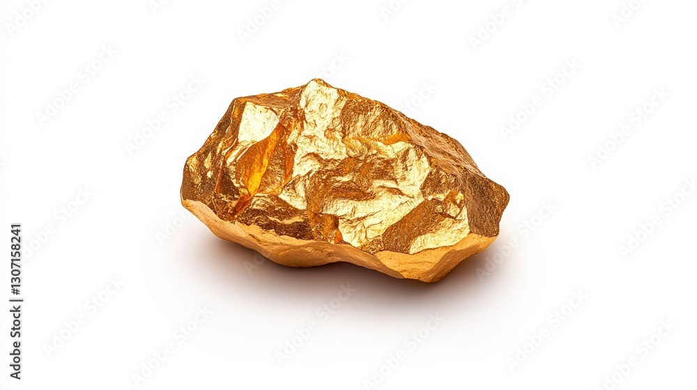 Irregularly shaped gold nugget on white background. Golden yellow tones, rough texture, close up view. Mineral specimen, precious metal. Irregularly shaped gold nugget on white background. Golden yellow tones, rough texture, close up view. Mineral specimen, precious metal.