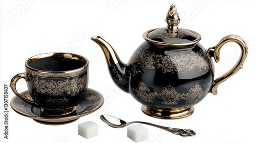 Elegant black gold tea set teapot cup sugar AI generated