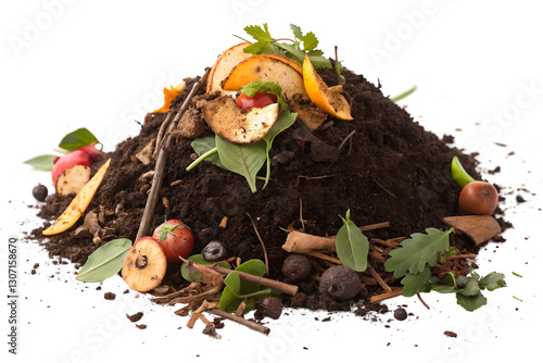 Close up of compost pile with leaves and organic matter, showcasing rich soil on white background