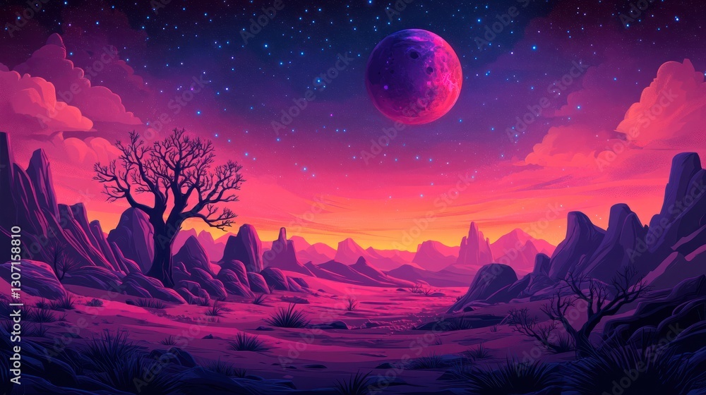 Naklejka premium Alien desert landscape at sunset with large pink moon and starry sky.