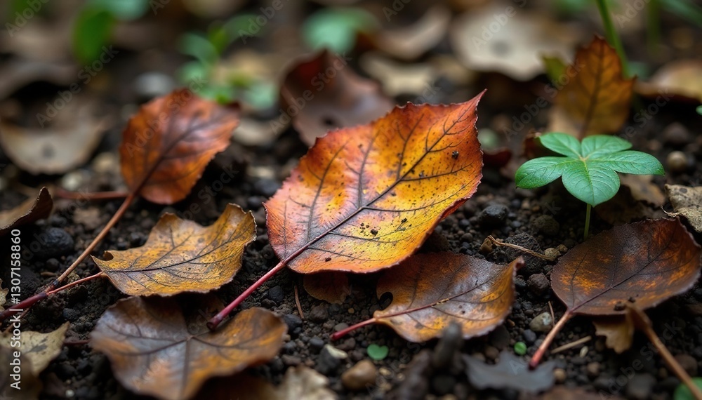 Leaf-covered metal scraps scattered on forest floor, rust, metallic Leaf-covered metal scraps scattered on forest floor, rust, metallic