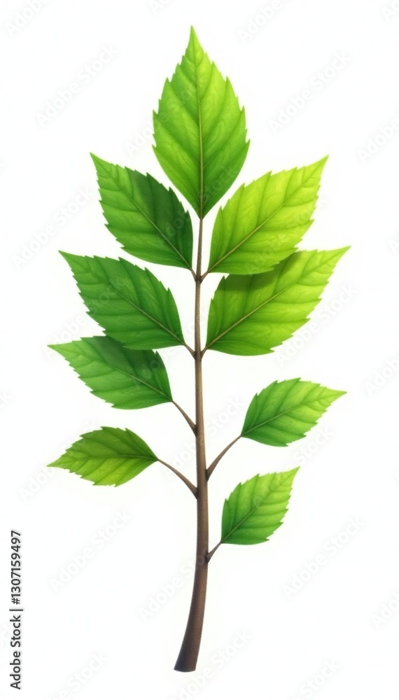 Fototapeta premium Foliage of a single tree branch on white background, single tree branch, foliage