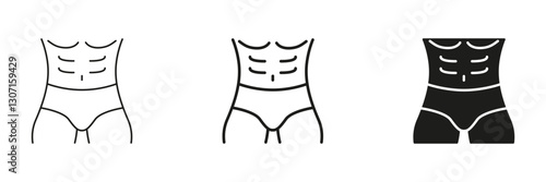 Abdominal Man Muscles Line and Silhouette Icon Set. Strength and Bodybuilding Outline and Solid Symbol. Physical Fitness And Weight Management. Editable Stroke. Isolated Vector Illustration