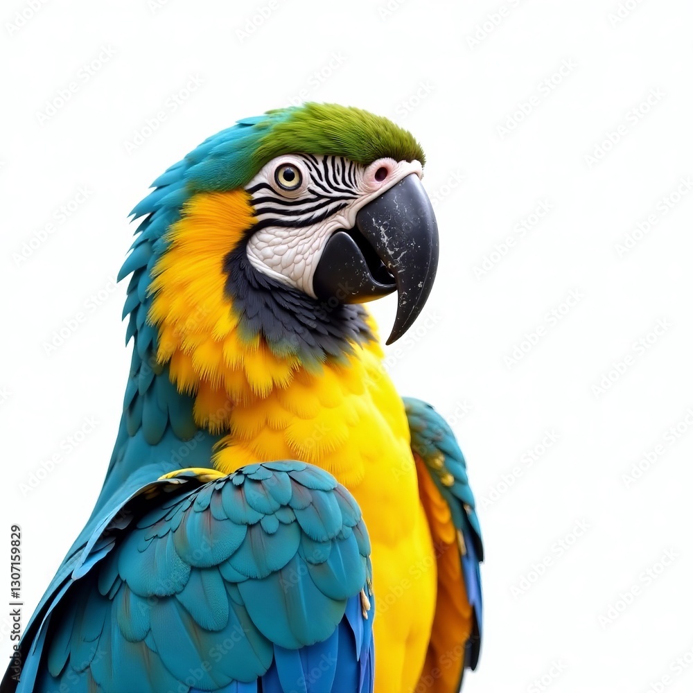 Fototapeta premium Vibrant blue and yellow macaw with bright feathers on white background, vibrant, macaw