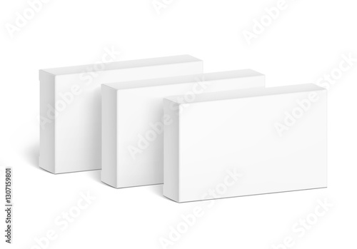 Realistic white closed paperboard boxes mockup. Vector illustration isolated on white background. Taking your 2D designs into 3D. Can be use for medicine, food, cosmetic and other. EPS10.