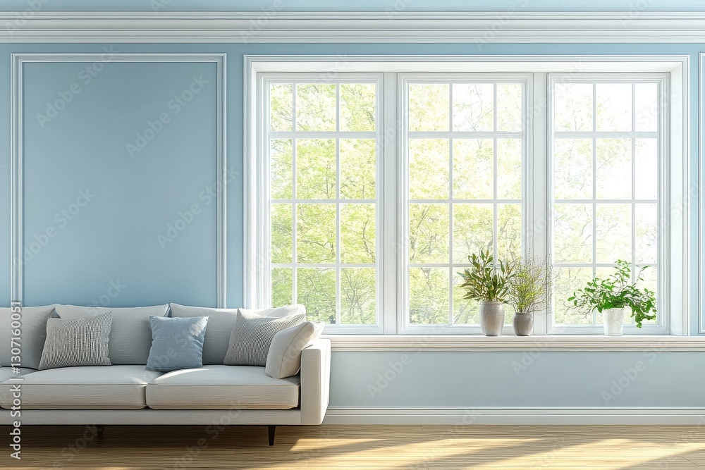 Fototapeta premium Modern living room with light blue wall and white sofa, featuring copy space for mock-up template design.