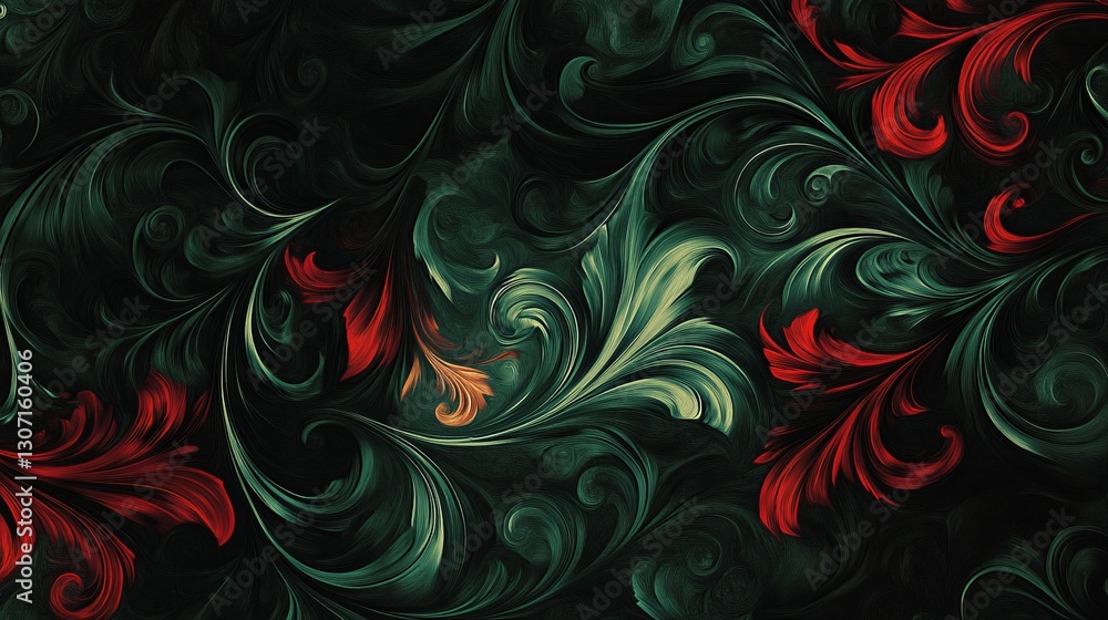 Dark forest green and maroon swirls, moody and luxurious with glossy transitions Dark forest green and maroon swirls, moody and luxurious with glossy transitions