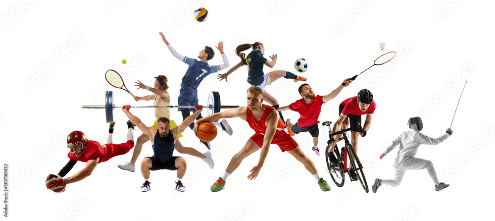 Fototapeta premium Sport collage. Active athletes from different sports stride in sequence, capturing powerful movements against white background. Concept of sport, competition, action, motion, teamwork.