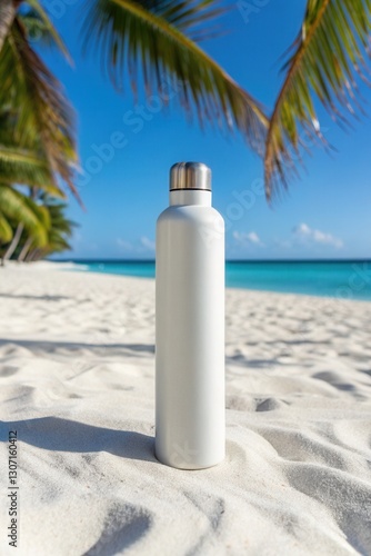 White stainless flask mockup on white sand beach in bright sunny day, Water bottle tumbler mockup on the beach