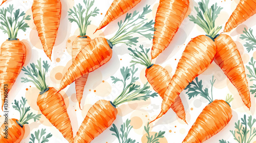 Seamless watercolor pattern of vibrant orange carrots on a clean white background perfect for fabric design or culinary themed projects
