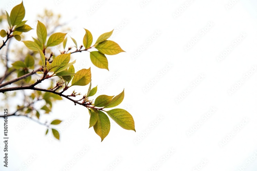 Obraz premium Brown tree branch with small leaves and buds against bright white background, forest, earthy