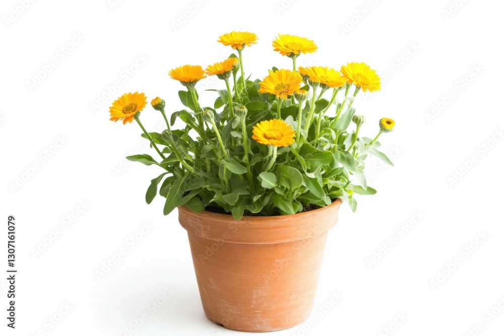 Beautiful Calendula flowers in a trendy pot on clean white background for vibrant home decor Beautiful Calendula flowers in a trendy pot on clean white background for vibrant home decor