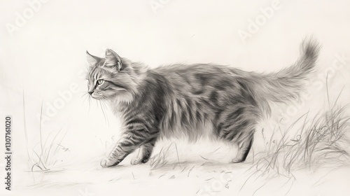 Wallpaper Mural cat, pencil sketch, side view, desert background, cat walking through the desert, soft shading and wind-blown fur. Torontodigital.ca