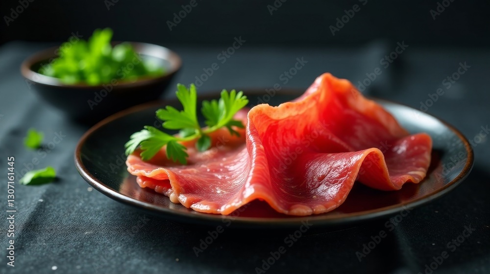 Delicate Slices of Smoked Meat, artfully arranged on a dark plate, garnished with fresh parsley, a culinary delight presented for sophisticated palates Delicate Slices of Smoked Meat, artfully arranged on a dark plate, garnished with fresh parsley, a culinary delight presented for sophisticated palates