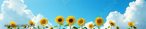 Large isolated sunflower against bright blue sky background with fluffy white clouds, cloudy, botanical, sunflowers