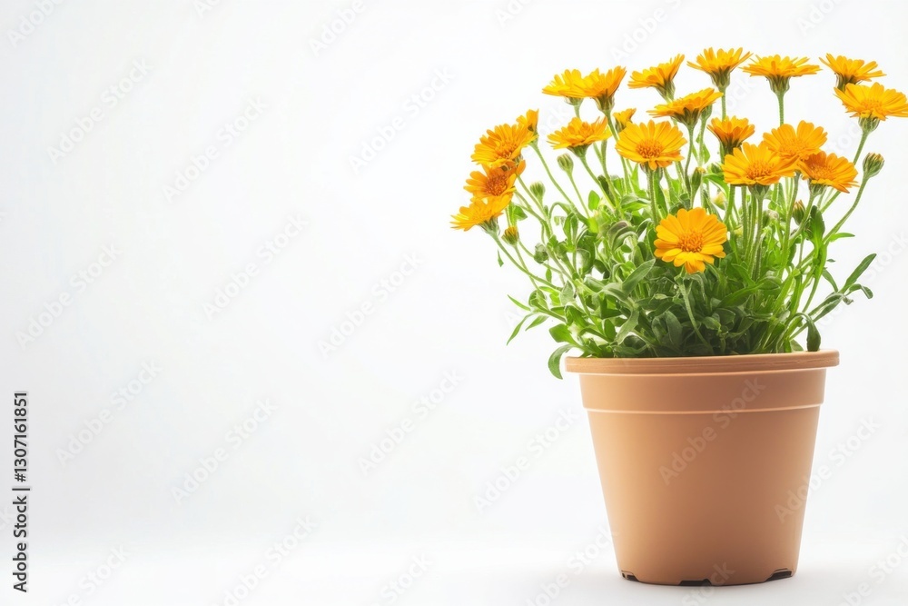 Bright and vibrant calendula flowers in a trendy pot on a clean white background Bright and vibrant calendula flowers in a trendy pot on a clean white background