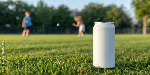 Blank soda can mockup placed on grass with kids playing baseball in park background. Concept for Playful drinks commercial