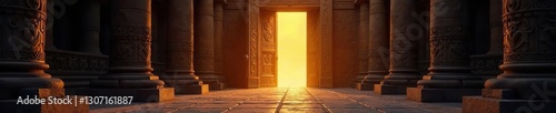 Ancient wooden door with intricate carvings and a glowing golden aura, gateway, threshold, portal