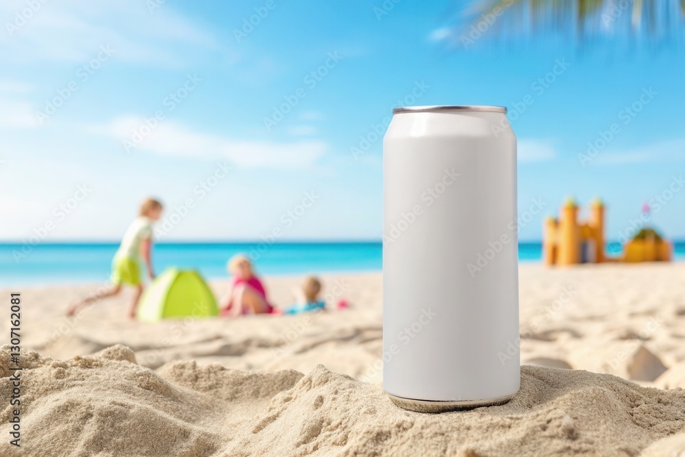 Blank soda can mockup placed on sand beach with kids playing on sea background in bright sunny day. Concept for Summer drinks commercial Blank soda can mockup placed on sand beach with kids playing on sea background in bright sunny day. Concept for Summer drinks commercial