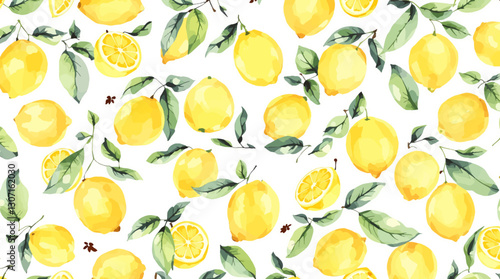 Lemons watercolor pattern on a white background. Many lemons and green leaves are painted in watercolor.