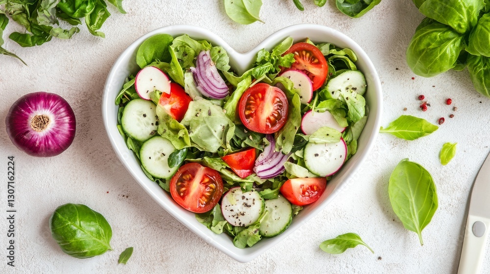 Fresh and Colorful Heart-Shaped Salad with Vegetables and Greens Fresh and Colorful Heart-Shaped Salad with Vegetables and Greens