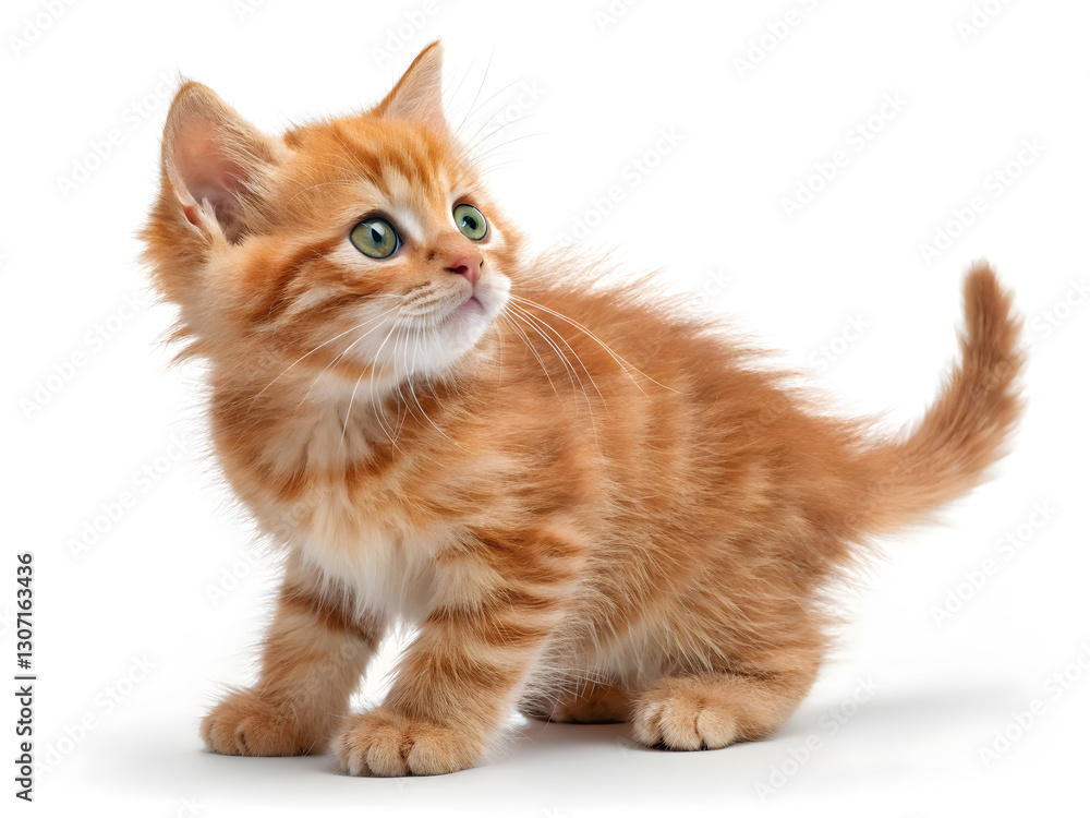 Fototapeta premium Playful Kitten Portrait: A cute, orange tabby kitten with wide, curious eyes gazes upwards, capturing the essence of youthful innocence and feline charm.