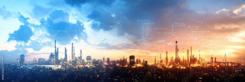 Naklejka premium futuristic oil refinery, modern designer background with a high-tech oil refinery, digital interface, drilling platforms, and industrial skyline add text freely