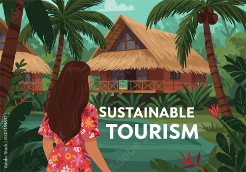 Sustainable tourism with woman in eco lodge in the middle of the Amazon forest. Colorful cartoon vector banner