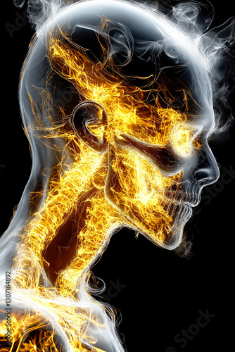 A futuristic transparent human skull glows with golden electric currents. Fiery neural energy flows through the anatomy, creating a powerful and surreal cybernetic effect.