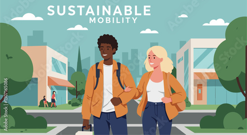 Multiethnic couple choosing walking instead of using car. Sustainability mobility concept. Colorful flat style banner
