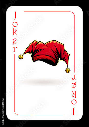 Playing card joker with the image of a red jester's cap with golden bells. Red Joker, playing card. Vector illustration