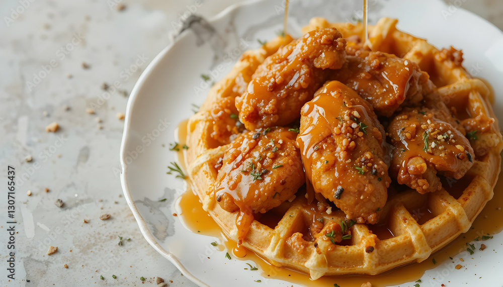 Chicken and Waffles Delicious Meal with Golden Syrup Drizzling Chicken and Waffles Delicious Meal with Golden Syrup Drizzling