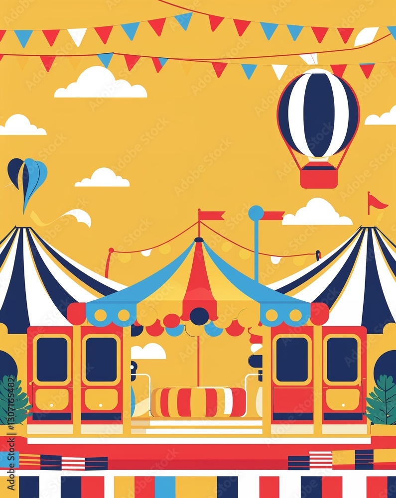 Obraz premium yellow theme Carnival funfair amusement park invitation plain modern flat illustration background with copy space backdrop