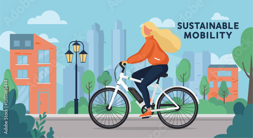 Caucasian woman using electric bike in the city. Colorful flat design illustration